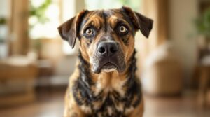 Dog displaying subtle warning body language and stress signals with tense posture and uncertain expression in home environment showing early signs owners should recognize to prevent aggression