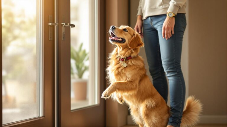 Golden retriever jumping excitedly on owner at home entrance - dog training behavior illustration