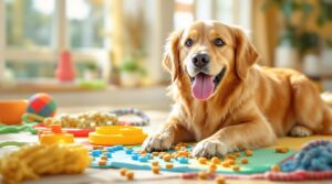 Happy golden retriever dog playing with colorful puzzle toys and snuffle mat enrichment activities in bright home environment showing mental stimulation