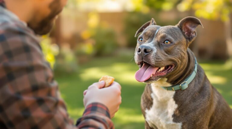 Happy pitbull dog sitting attentively during positive reinforcement training session with owner holding treat in sunny backyard showing obedience and eager learning