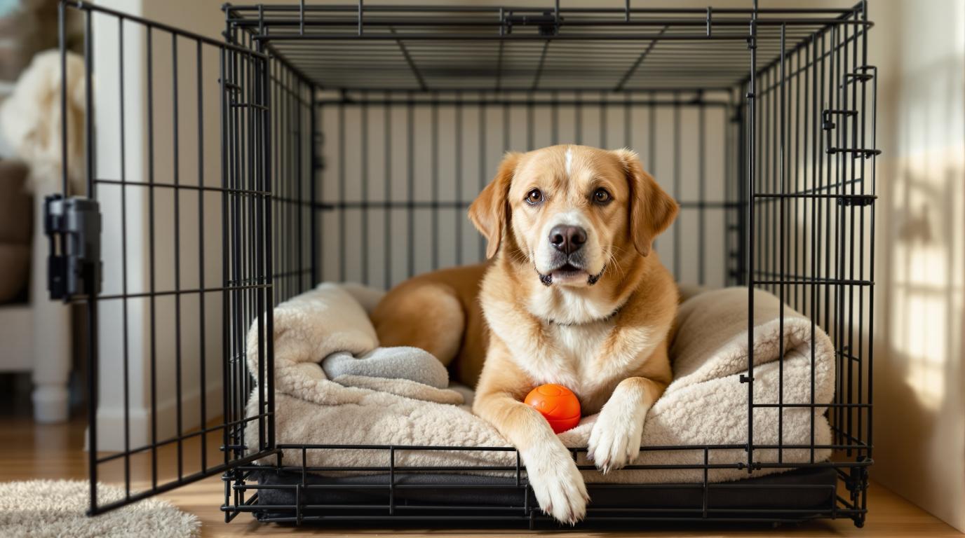 Happy relaxed dog lying comfortably in open wire crate with soft bedding showing successful positive crate training with calm body language and peaceful expression