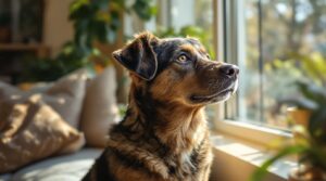 Alert dog sitting by window watching outside with attentive calm expression showing typical watchful behavior before barking at triggers