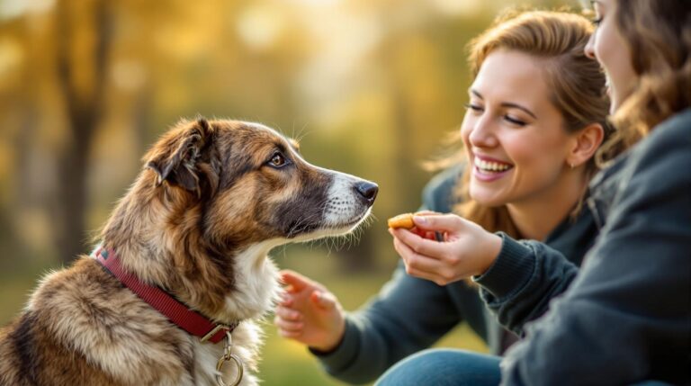 Person training attentive dog outdoors with positive reinforcement methods - professional dog training