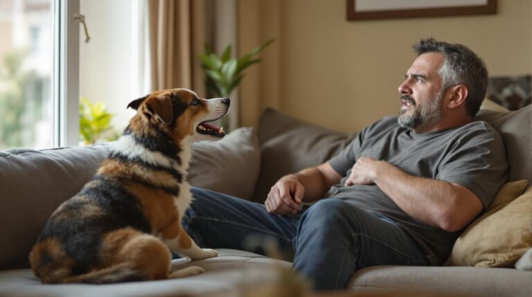 Frustrated dog owner with barking dog at window - how to stop excessive dog barking fast