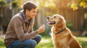 Dog owner training golden retriever using positive reinforcement method in backyard - best dog training techniques
