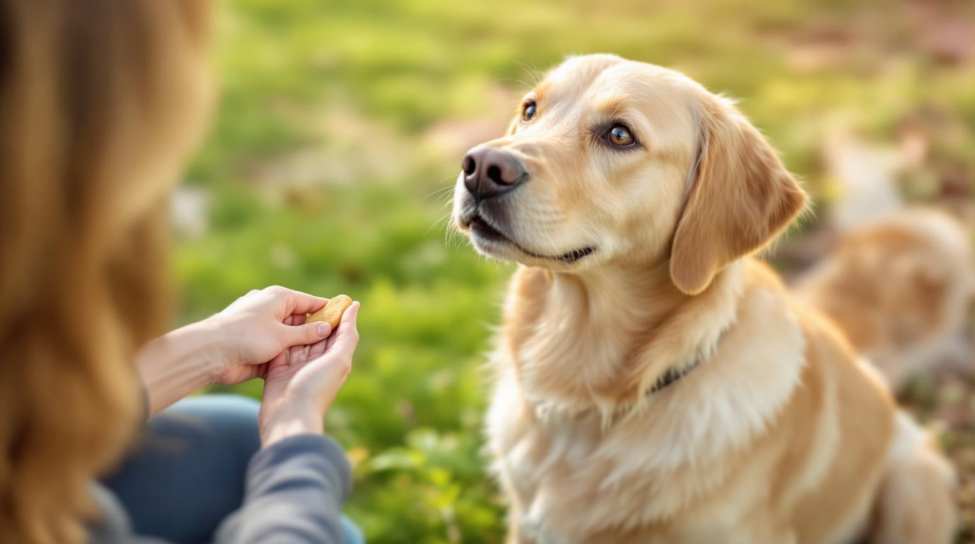 Happy golden retriever sitting calmly during positive reinforcement training session with owner holding treat showing trusting bond and reward-based dog training effectiveness
