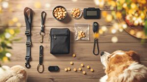 Essential dog training tools arranged on wooden surface including leash, collar, harness, and treats with happy dog
