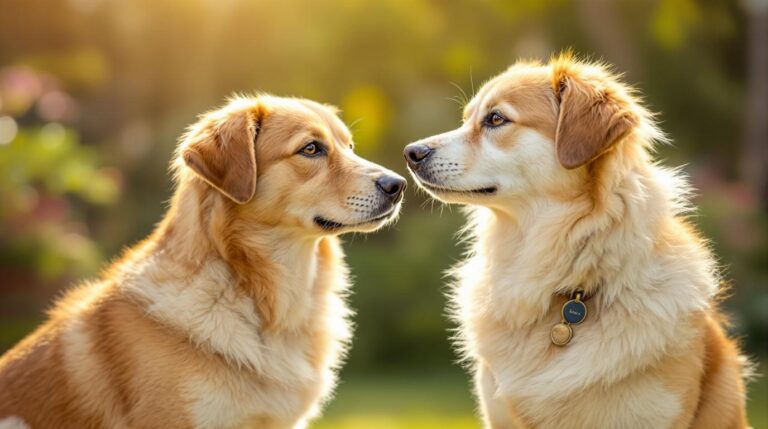 Two friendly dogs of different sizes peacefully interacting in sunny backyard showing natural social hierarchy with calm body language and harmonious coexistence