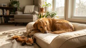 Calm confident dog resting peacefully on comfortable bed in cozy home environment showing successful separation anxiety prevention training with relaxed independent behavior