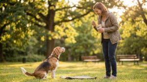 Calm happy beagle sitting attentively beside owner during outdoor training session in park showing successful hyperactivity management and positive reinforcement training with focused well-behaved body language