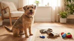 Happy enthusiastic dog sitting attentively beside collection of positive training tools including clicker treat pouch and harness showing excitement about reward-based training