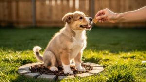 Happy puppy successfully potty training outdoors in backyard with owner offering treat reward showing positive reinforcement and fast effective house training methods