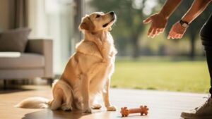 Well-trained dog demonstrating perfect impulse control sitting calmly with treat nearby showing patience and focus during training session with owner in bright home environment