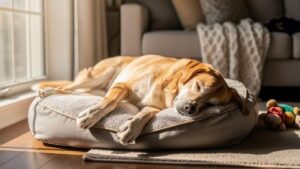 Calm relaxed dog resting peacefully on dog bed at home showing successful separation anxiety treatment and management with comfortable safe environment