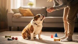 Happy English Bulldog sitting attentively during training session with owner giving hand signal and treat showing successful stubborn bulldog training techniques