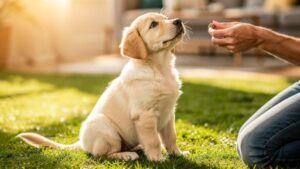Young puppy around 8-12 weeks old sitting attentively during training session showing ideal age to start puppy training with owner in bright home environment demonstrating focus and eagerness to learn