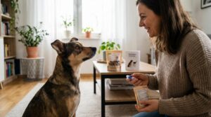 Patient dog owner training attentive dog in calm home environment holding clicker and treats showing focused learning process and consistent positive training journey
