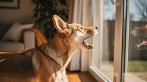 Alert dog barking at window showing common excessive dog barking behavior with natural home setting demonstrating typical triggers and causes of barking